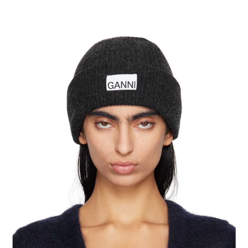 Ganni Black Knitted Hat with Logo Patch